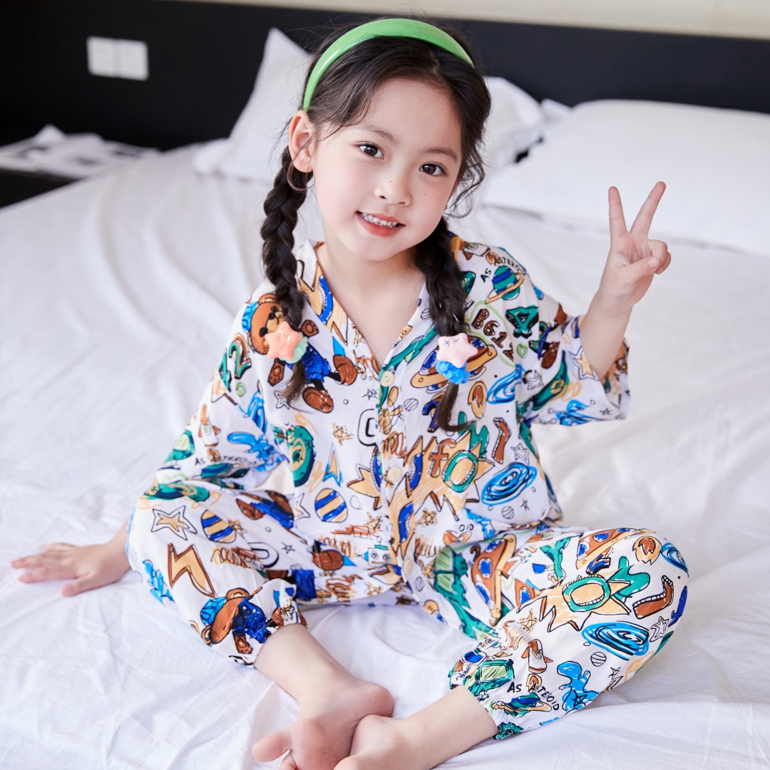 男童女童夏季儿童睡衣棉绸大中薄款短袖空调宝宝绵绸家居服小孩