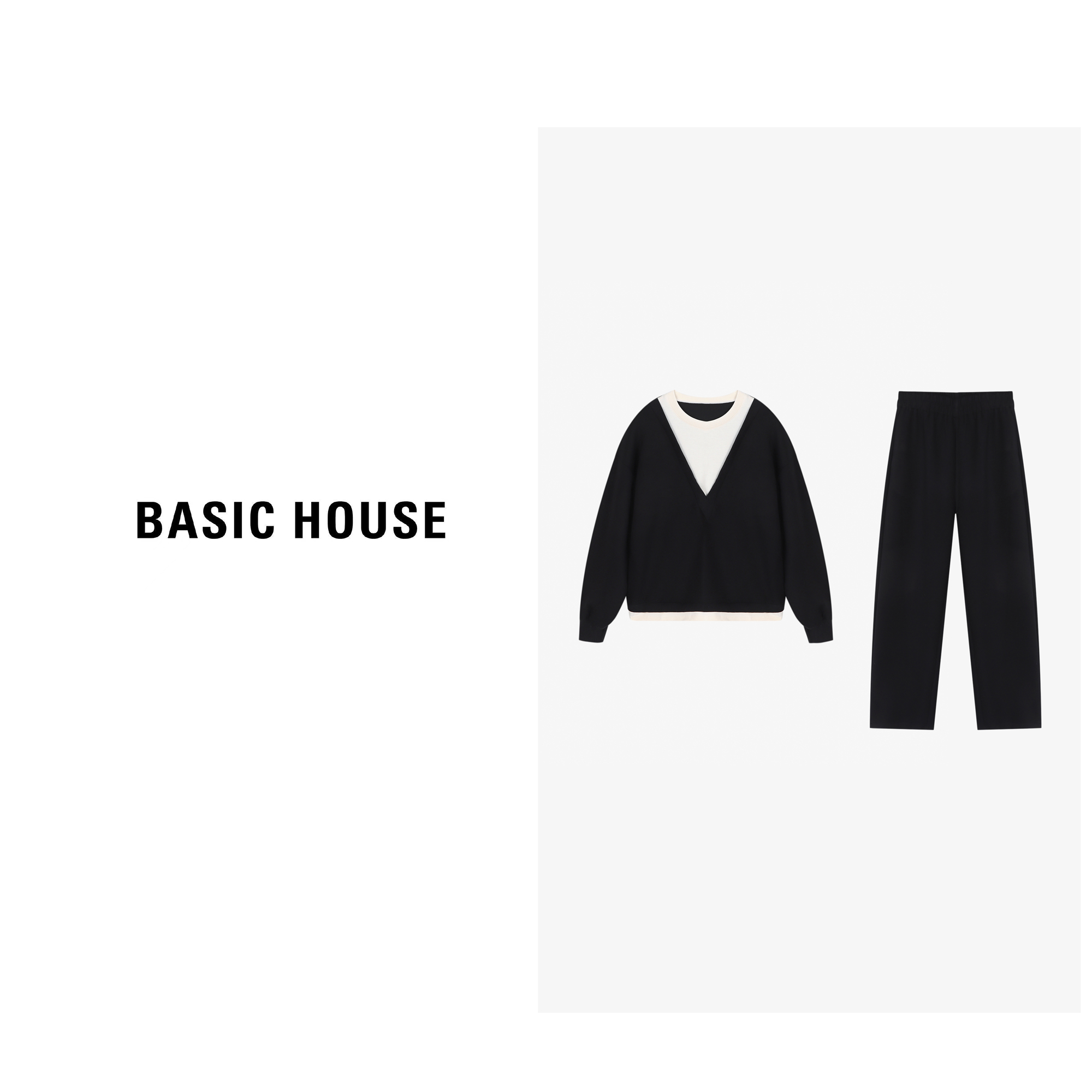 Basic House/百家好运动风拼接假两件上衣+长裤套装B0624H5T912-1