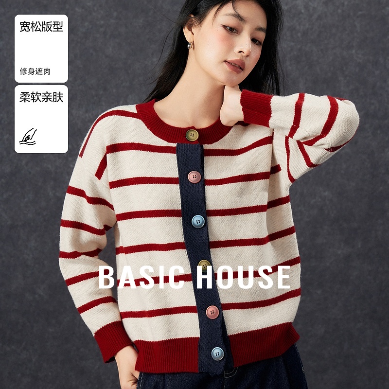 Basic House/百家好春季休闲条纹轻暖毛衣针织衫-B0624E5Z832