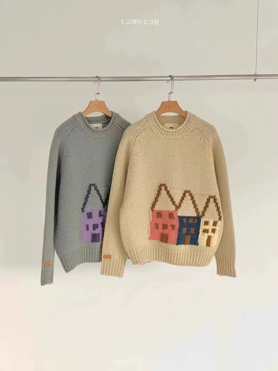 现货！egg  韩国东大门代购2024秋冬新款圆领卡通小房子针织毛衣