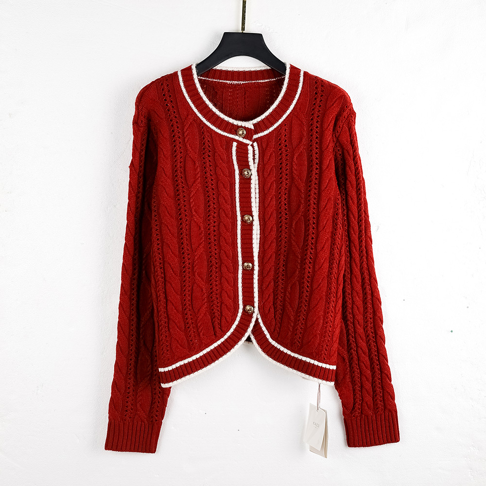 【早春穿搭】 C7640红色轻奢小香风撞色设计感温柔风气质针织开衫
