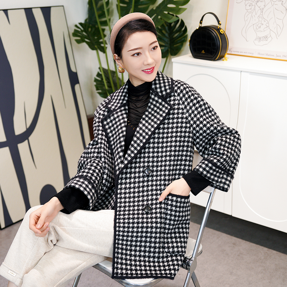 【早春穿搭】高端法式名媛韩版高级感复古格子百搭双面呢大衣AQ3047