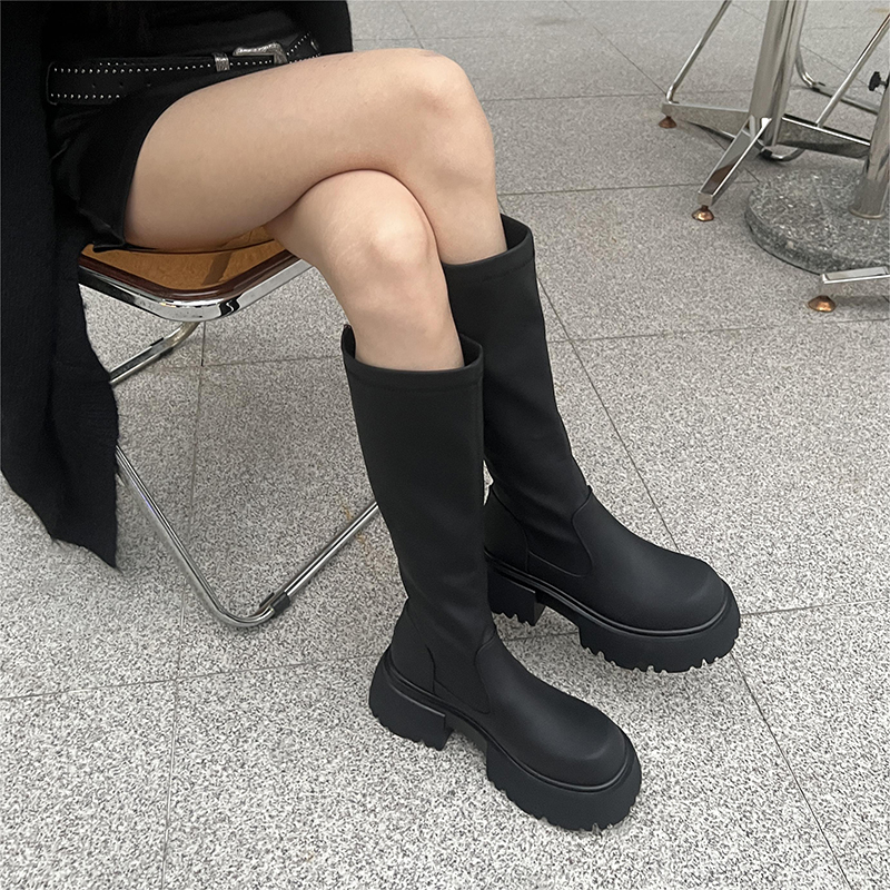 Mooreyu弹力瘦瘦靴厚底增高小个子长筒靴女不过膝显瘦高筒骑士靴