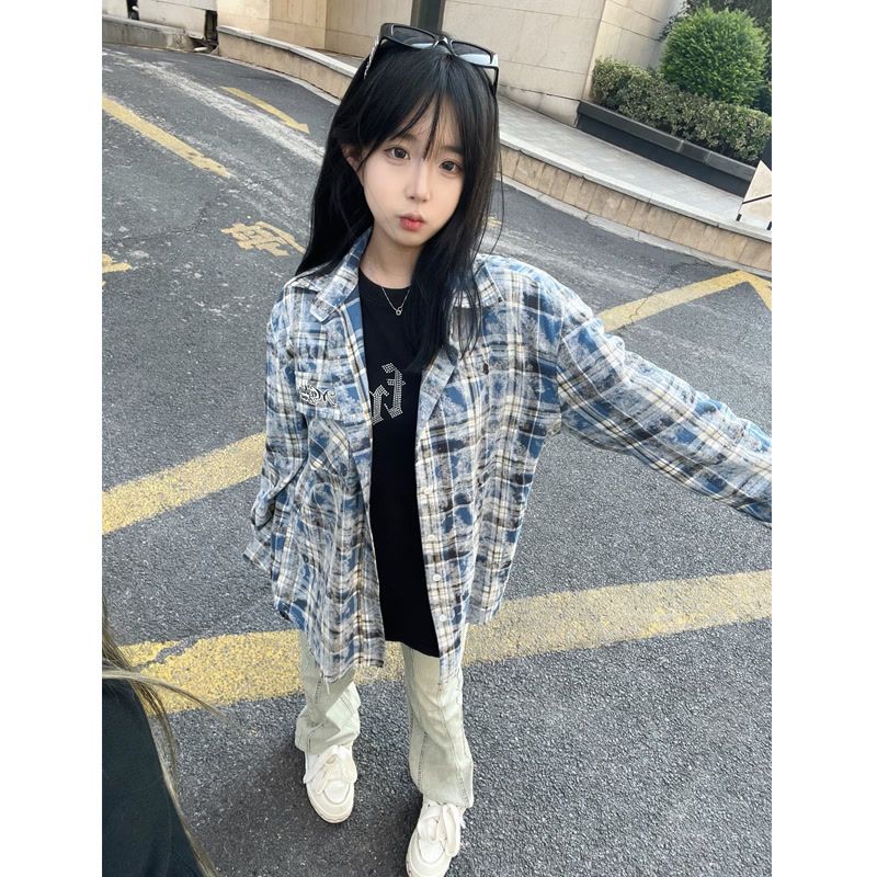 国潮牌美式高街格子长袖衬衫男女春秋2024新款设计感小众上衣外套