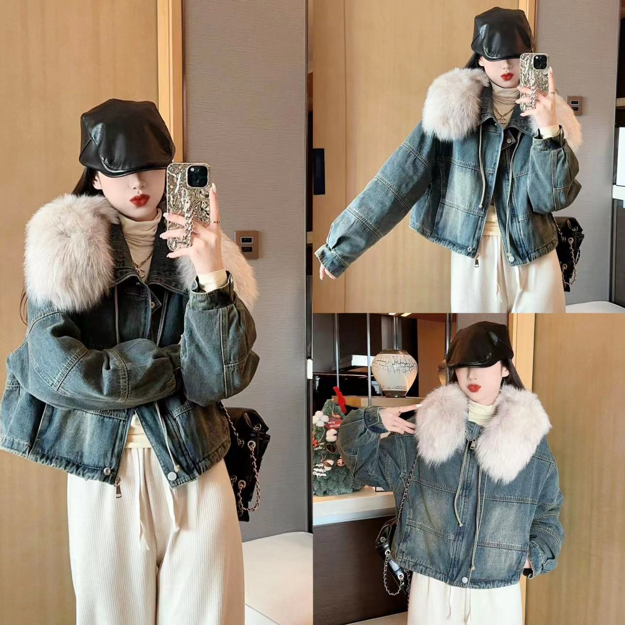 超大狐狸毛毛领重工羽绒服女大毛领韩版时尚冬牛仔白鸭绒百搭外套