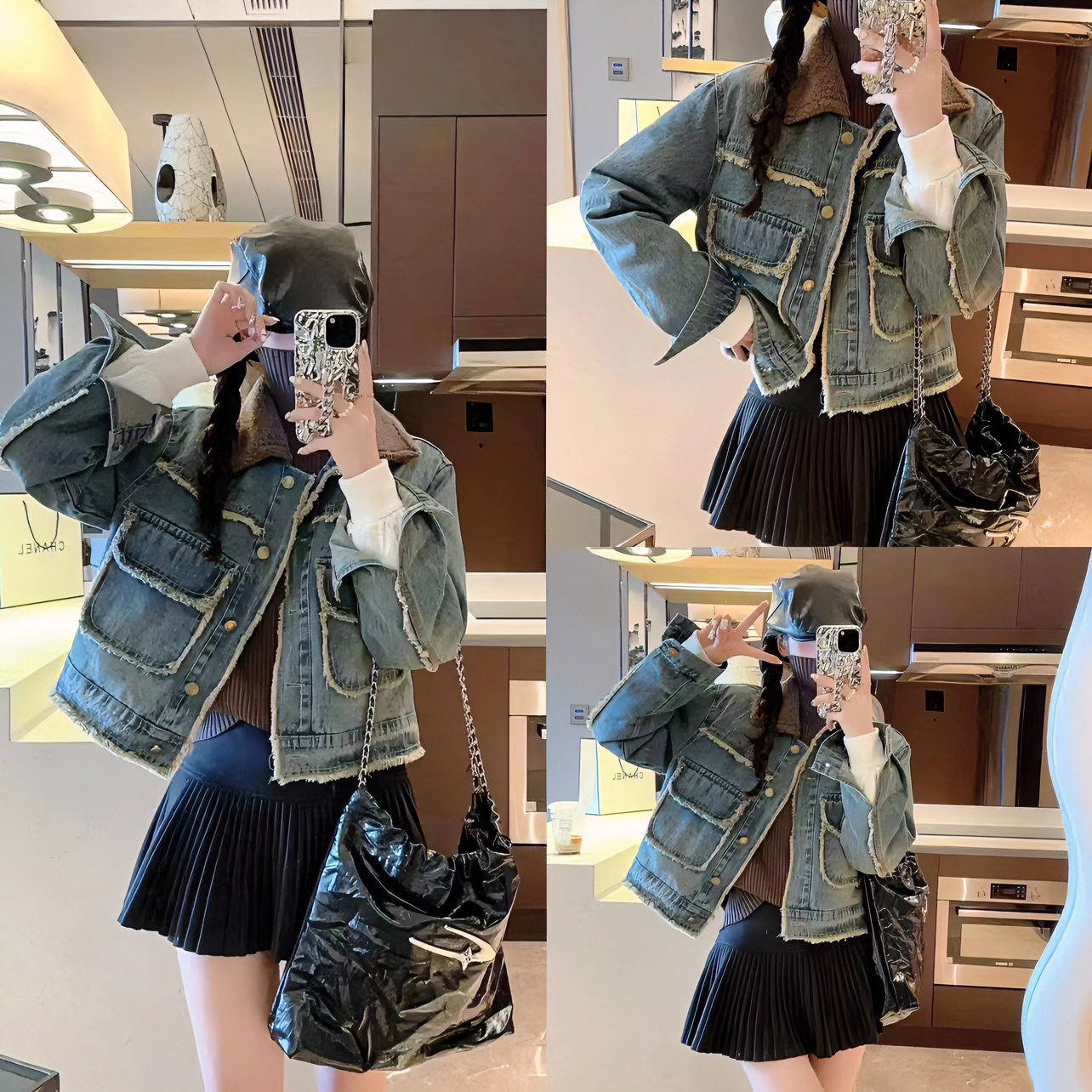 设计感冬季新款拼接羊羔毛白鸭绒羽绒服女装小个子设计感短外套