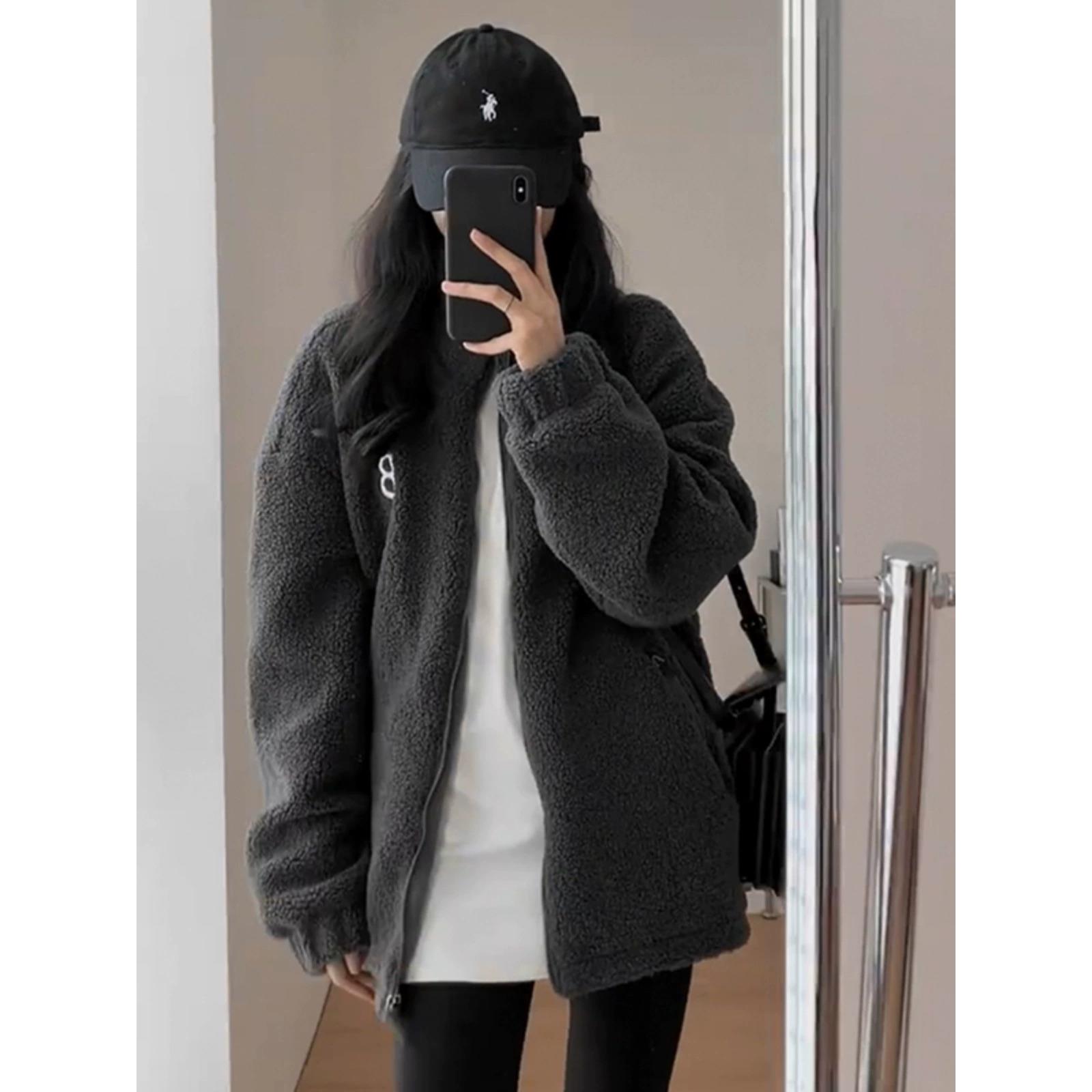 毛潮牌灰色皮毛摇粒绒卫衣外套女秋冬加绒加厚新款宽松中长款皮毛