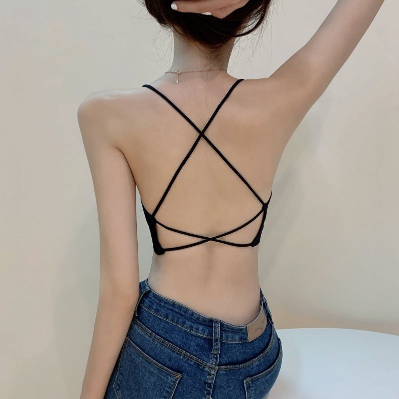 美背吊带背心带胸垫短款裹胸露背交叉百搭上衣