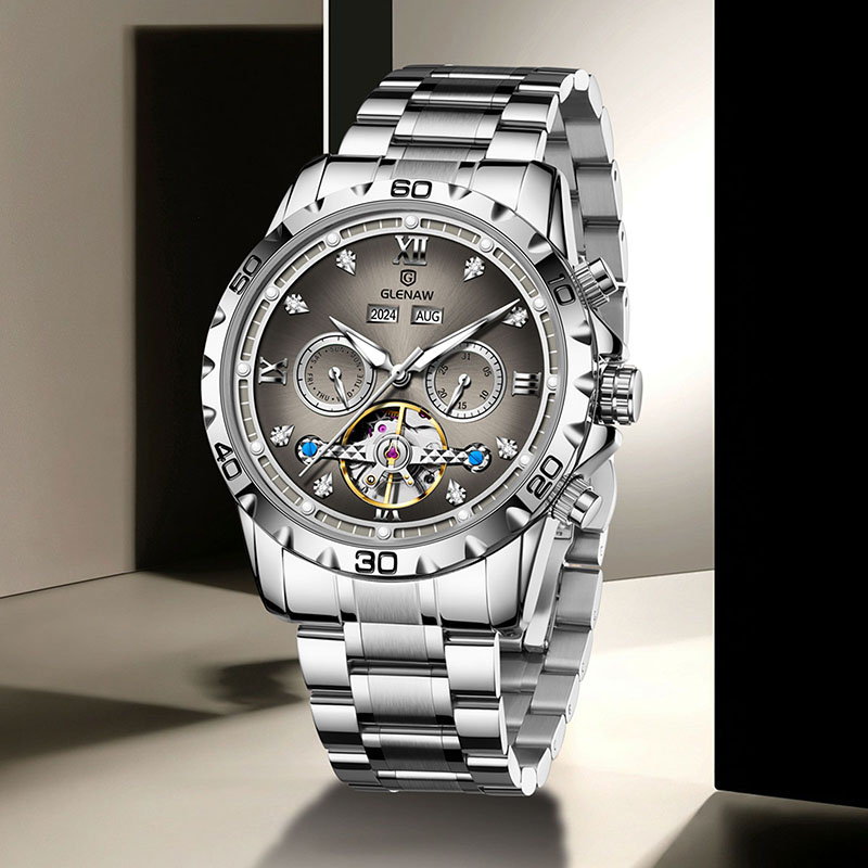 正品新款男士手表大表盘多功能全自动机械表万年历实心钢带蝴蝶扣