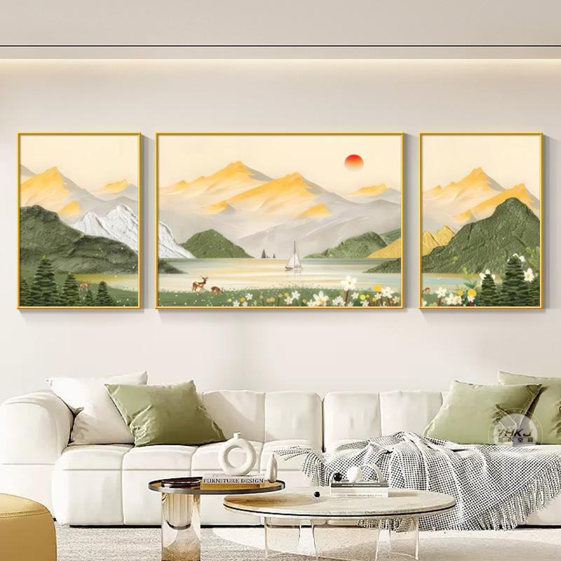 日照金山客厅装饰画艺术简背景墙挂画壁画大气好寓意家居三联画