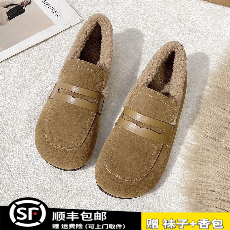 大东姚勃肯鞋女冬季2023年新款平底一脚蹬毛毛鞋女加绒豆豆乐福鞋