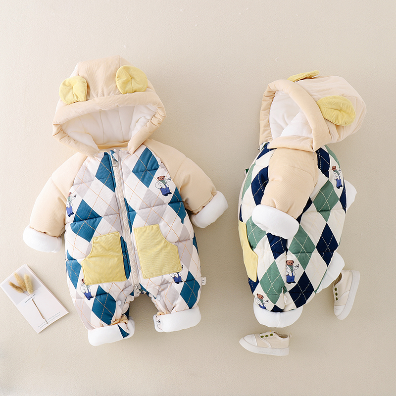 专属宝宝厚棉服连体衣冬季新生儿爬服男女幼儿外出哈衣加厚连帽绒