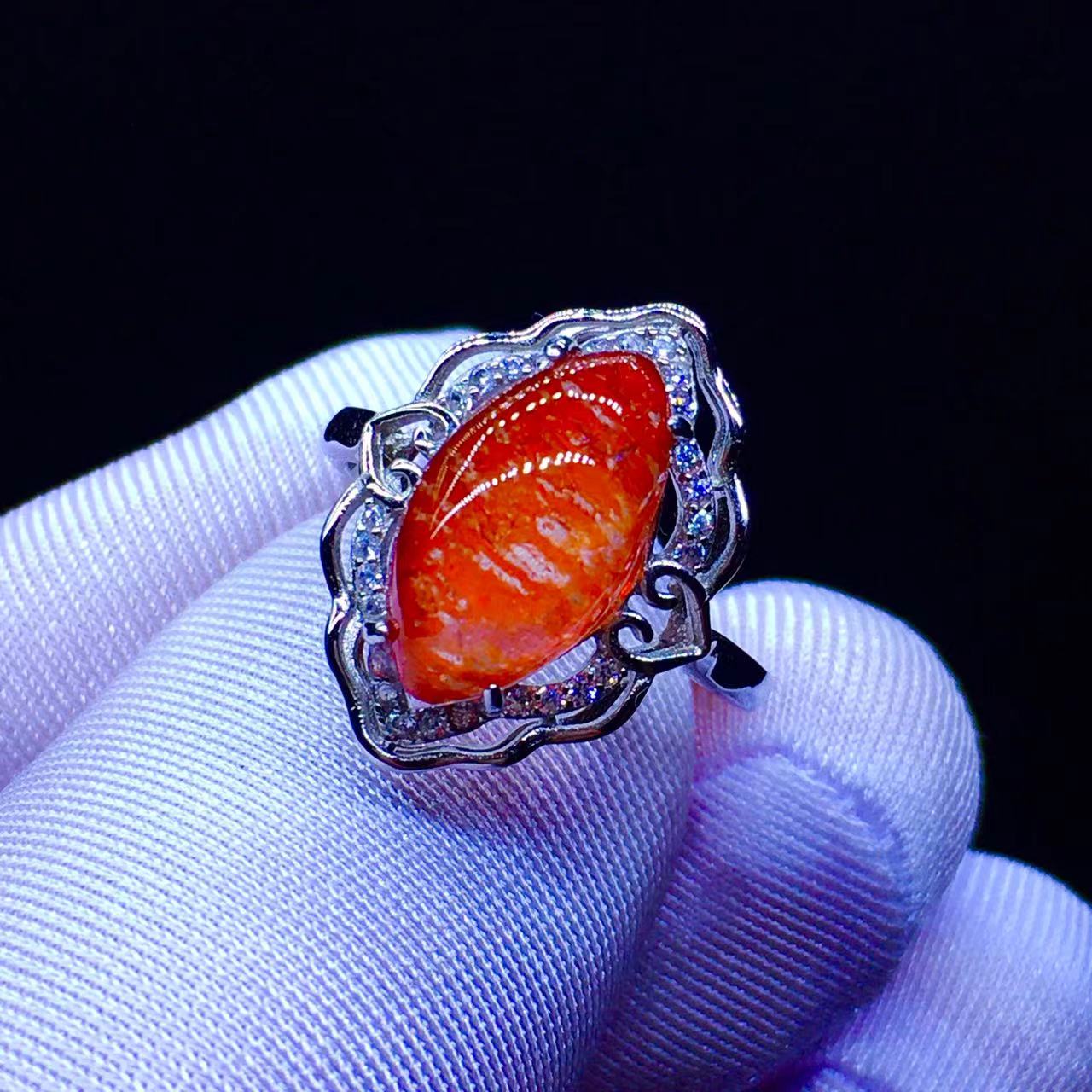 天然巴西红胶花女款戒指S925银镶嵌