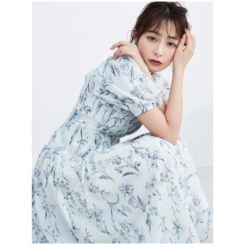 【强哥外贸】 明星同款 M 夏季气质方领印花收腰显瘦连衣裙