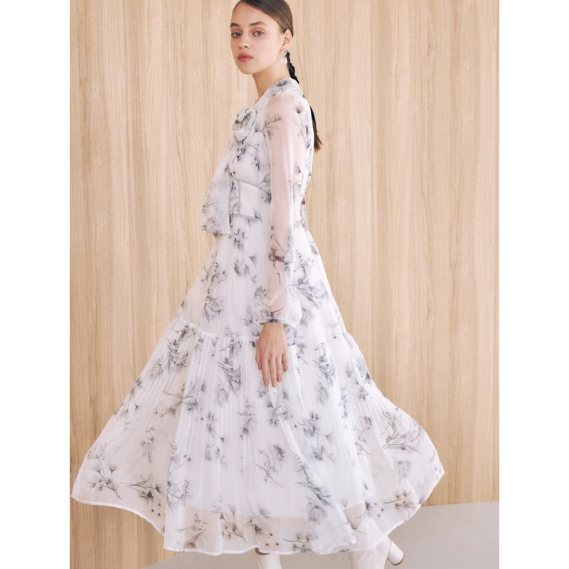 【强哥外贸】 M 春季新款 透视分层花卉印花褶裥气质连衣裙
