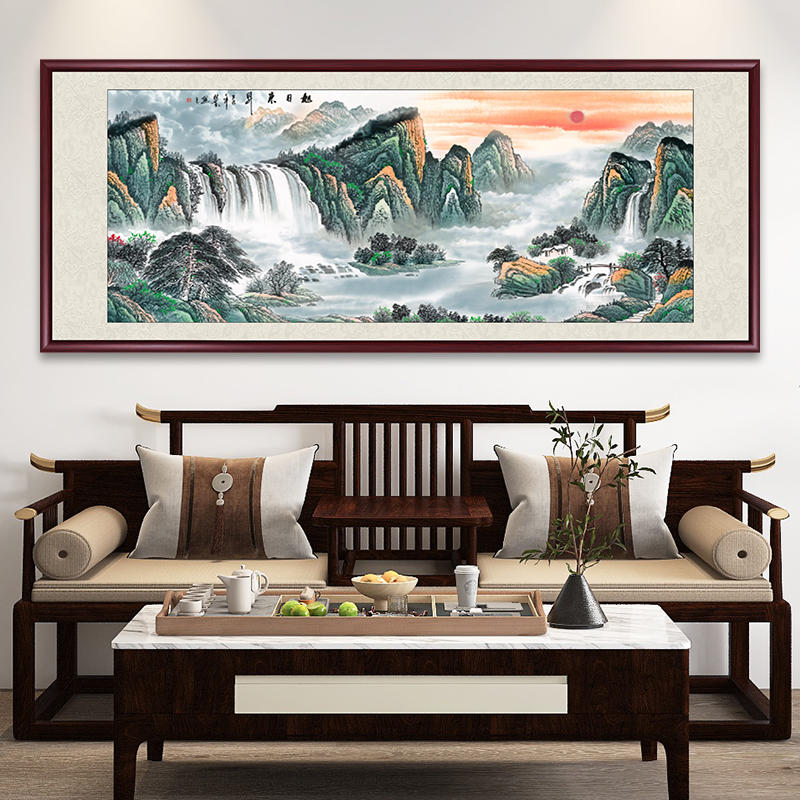 旭日东升手绘国画作品带框定制办公室客厅山水画茶室背景墙壁挂画