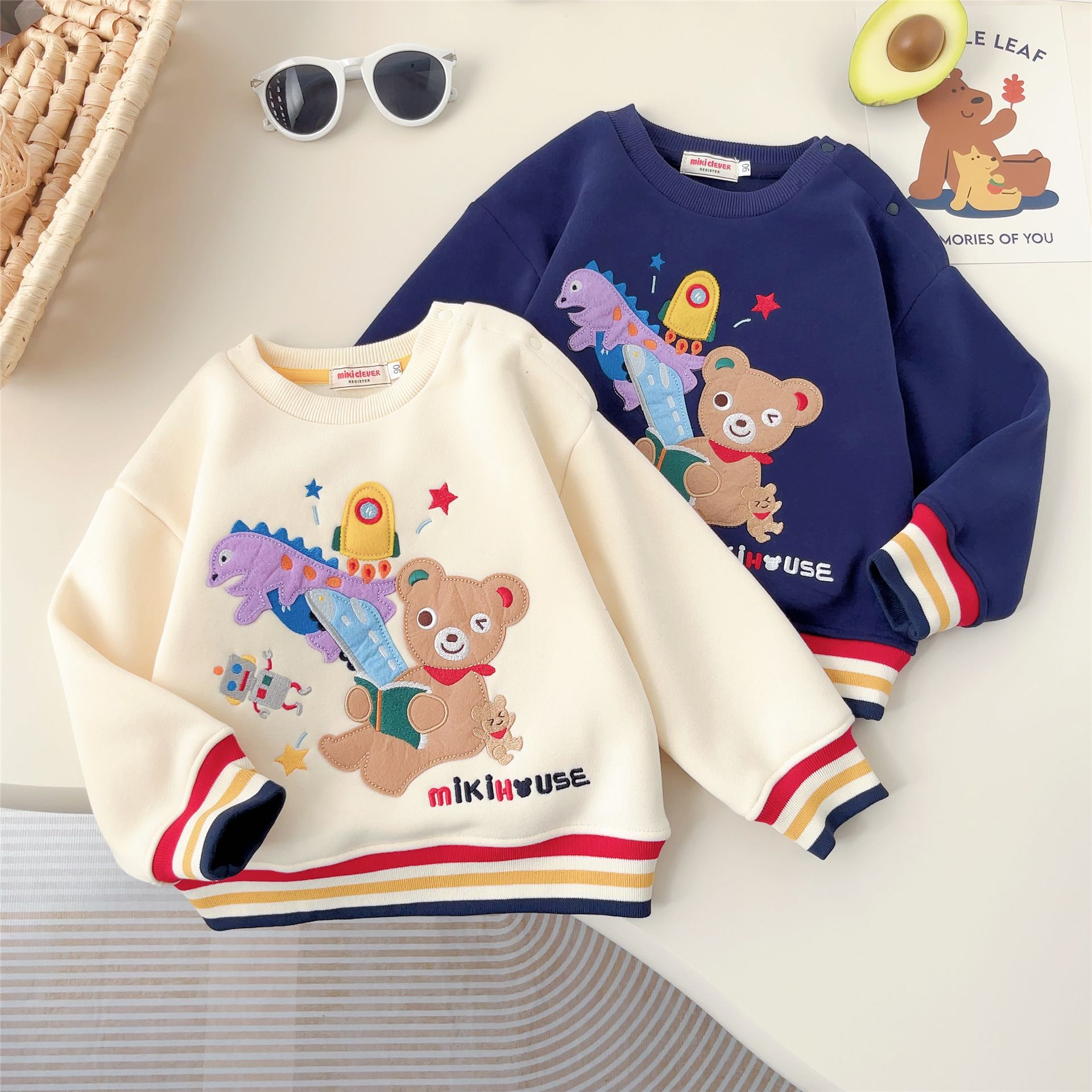 日系miki童装24秋冬新男女童长袖恐龙小熊宽松休闲加绒卫衣潮6006