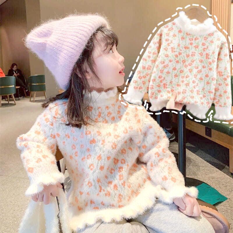 女童毛衣加绒加厚一体仿水貂绒碎花宝宝高领洋气冬儿童针织衫大童