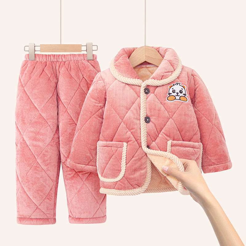 儿童睡衣冬季法兰绒三层夹棉款男童女孩加厚珊瑚绒宝宝家居服套装