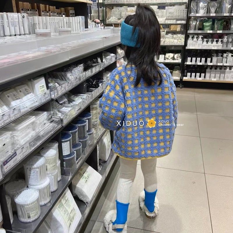 韩国童装女童格子外套女宝宝上衣儿童加厚加绒2023韩版秋冬开衫