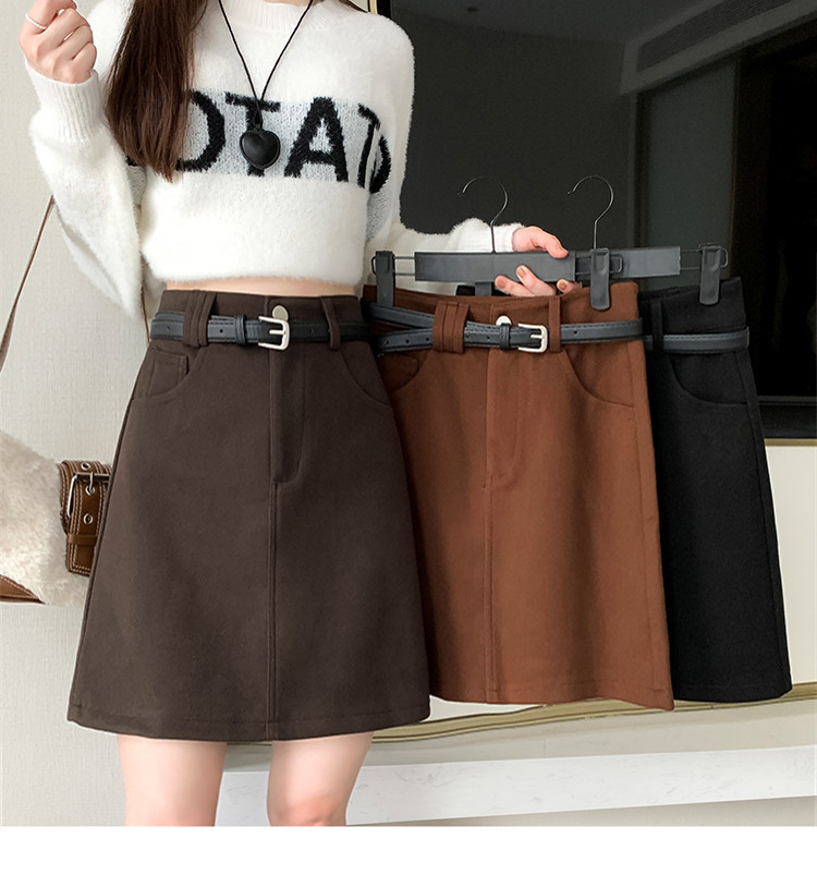 毛呢口袋半身裙秋冬款大码遮肚高腰显瘦梨形a字裙加厚中裙2323款