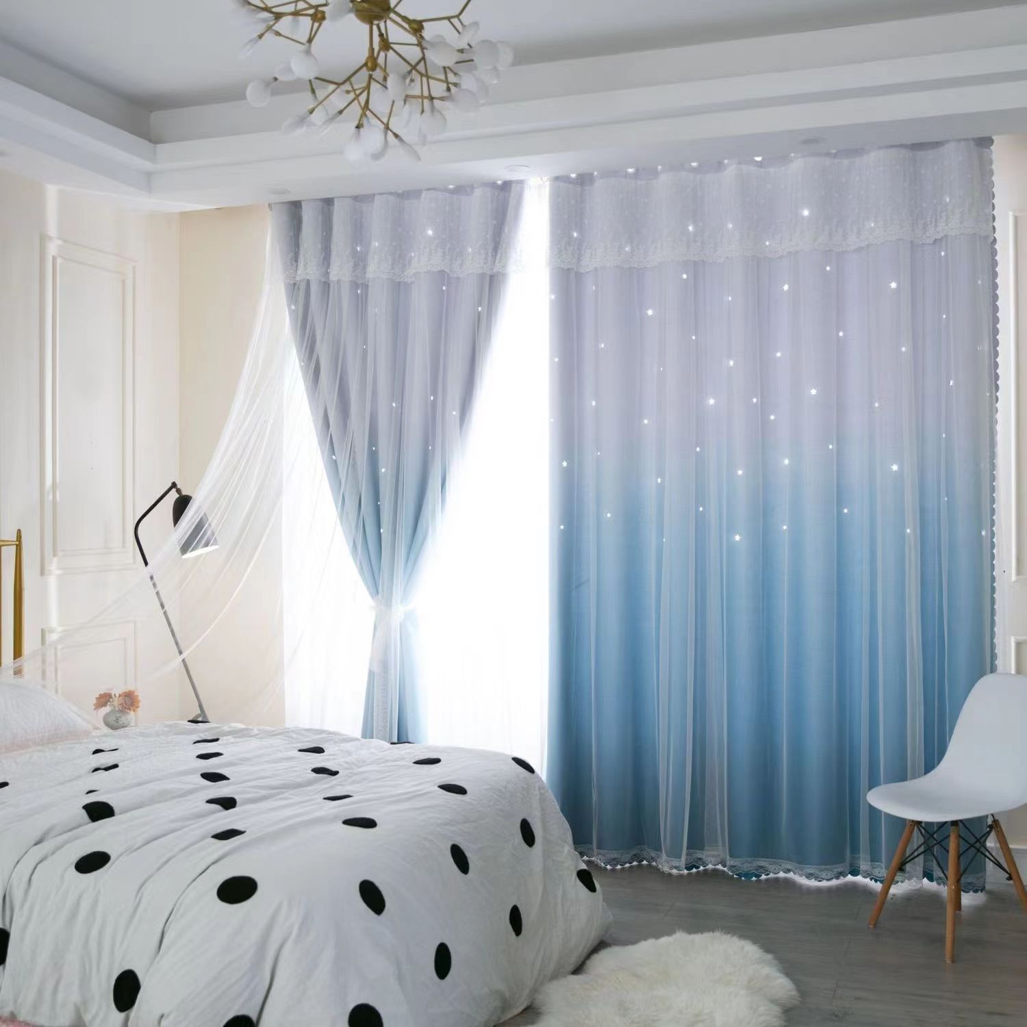 渐变镂空遮光星星窗帘公主风蕾丝温馨柔软婚房双层布纱一体帘