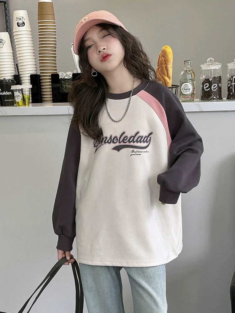 女童加绒卫衣春秋2025新款洋气韩版时髦日常宽松中大童圆领新中式