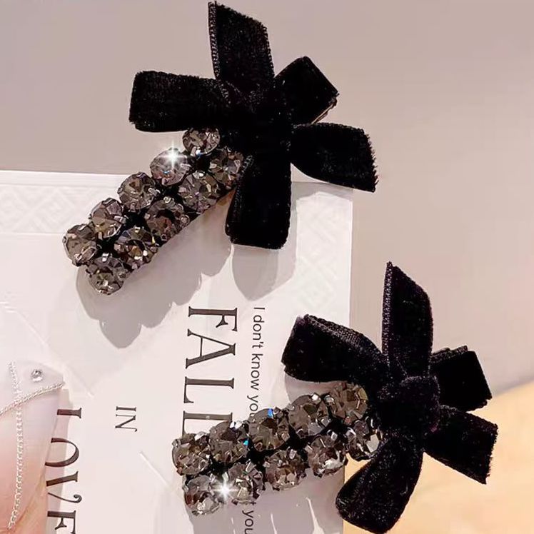 轻奢复古丝绒蝴蝶结发夹小香风灰色水钻高J刘海夹一字夹边夹鸭嘴