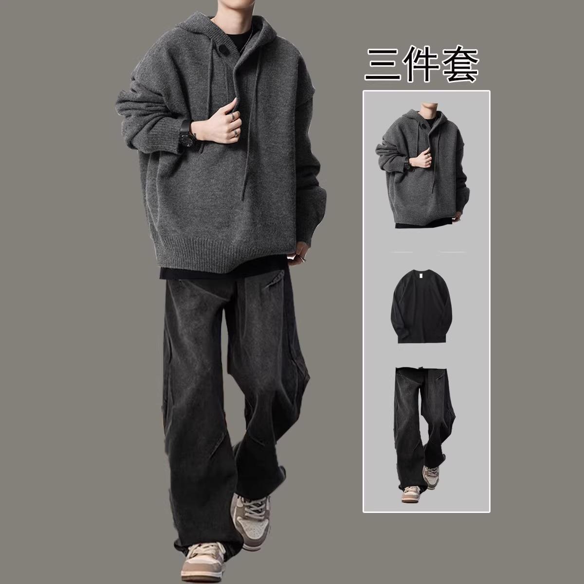 美式连帽毛衣外套针织衫男套装秋冬款潮牌半开衫上衣帽衫男装一套