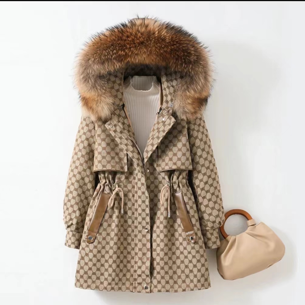 嘉琪格子新款派克服女时尚修身兔毛内胆可拆卸貉子毛领冬季女士