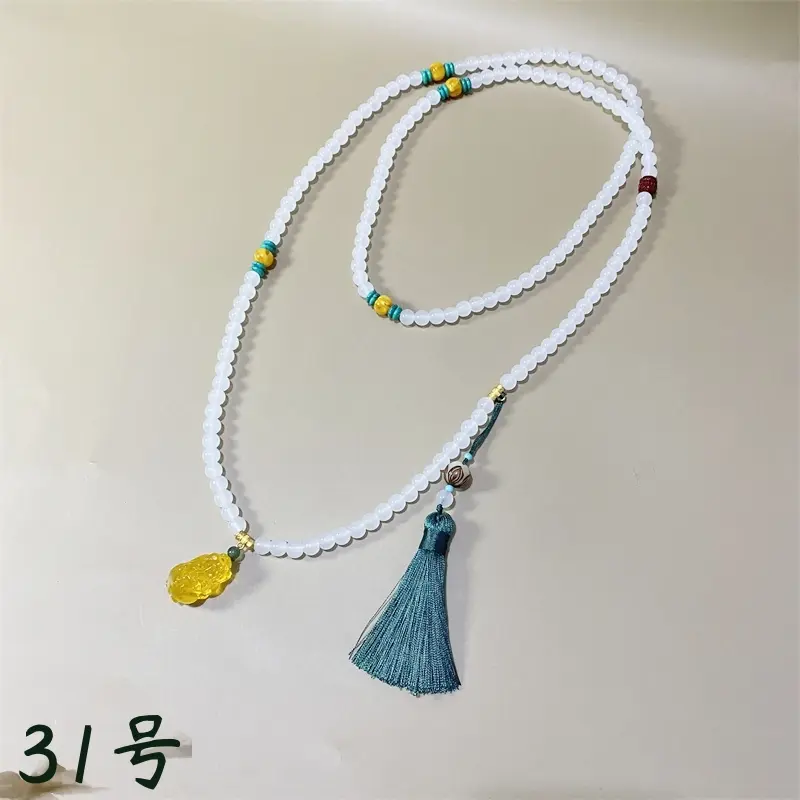 合金玻璃项链 新中式长款斜跨项链民族风流苏背背链多用途挂链女