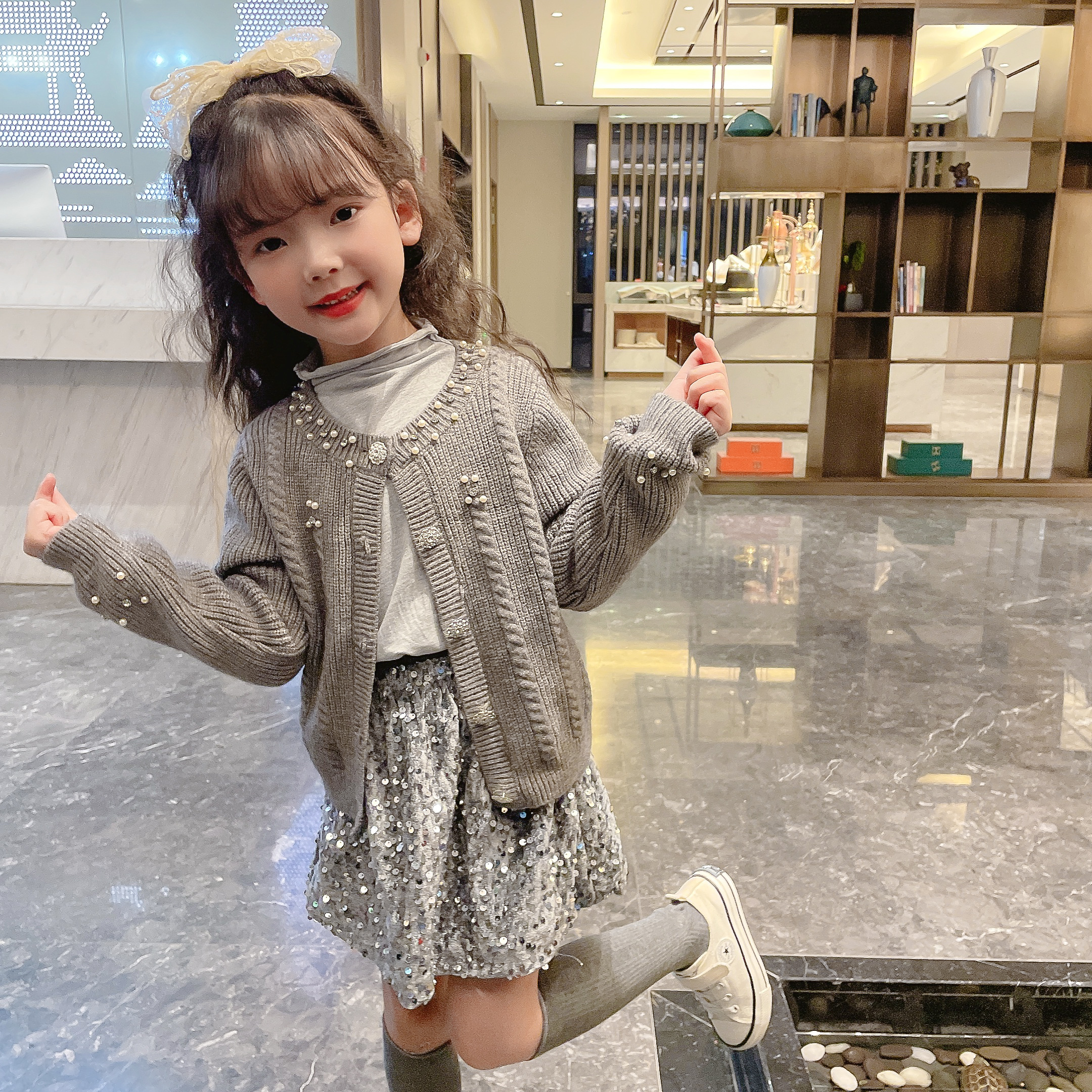 【现货】2024女童韩版秋款开衫 女宝宝3件套洋气气质套装韩版亮片裙