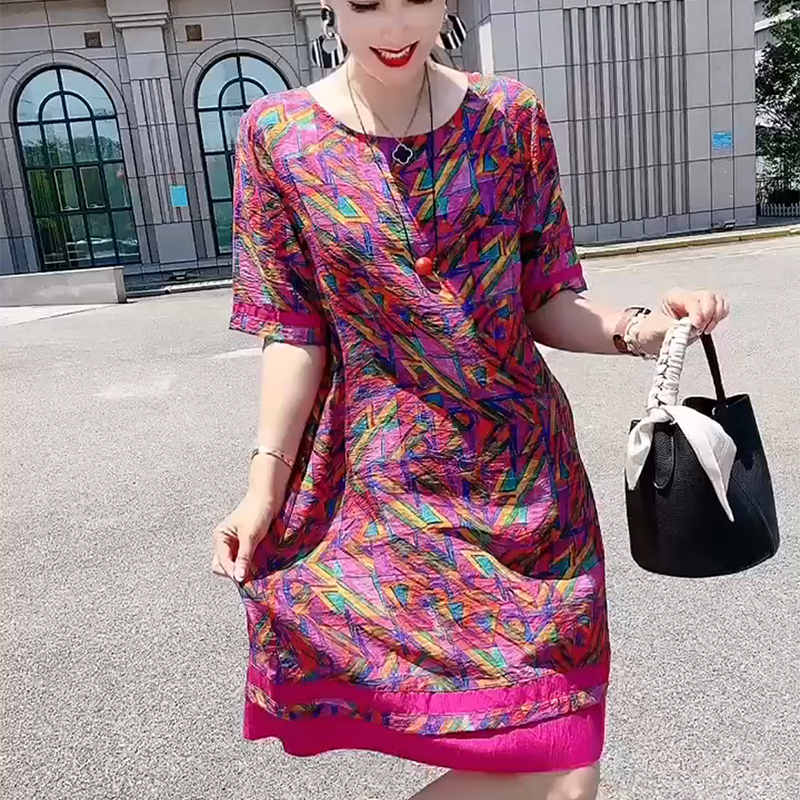 夏季新款碎花时尚休闲遮肚气质七彩拼接宽松连衣裙