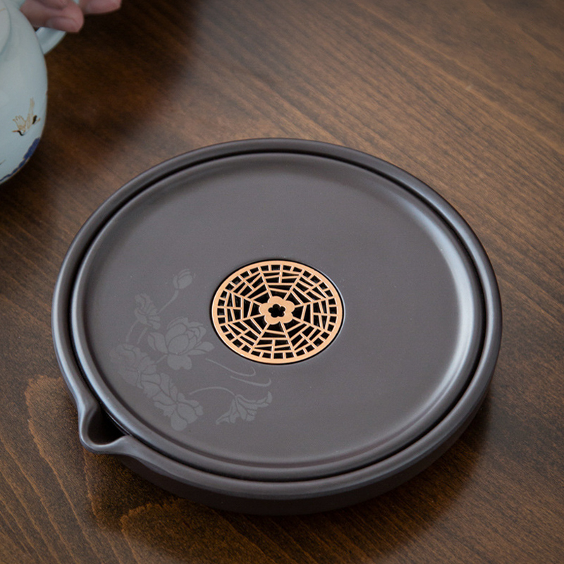 陶立方干泡台茶盘复古电木干泡盘圆形壶垫茶托盘蓄水茶盘茶具配件