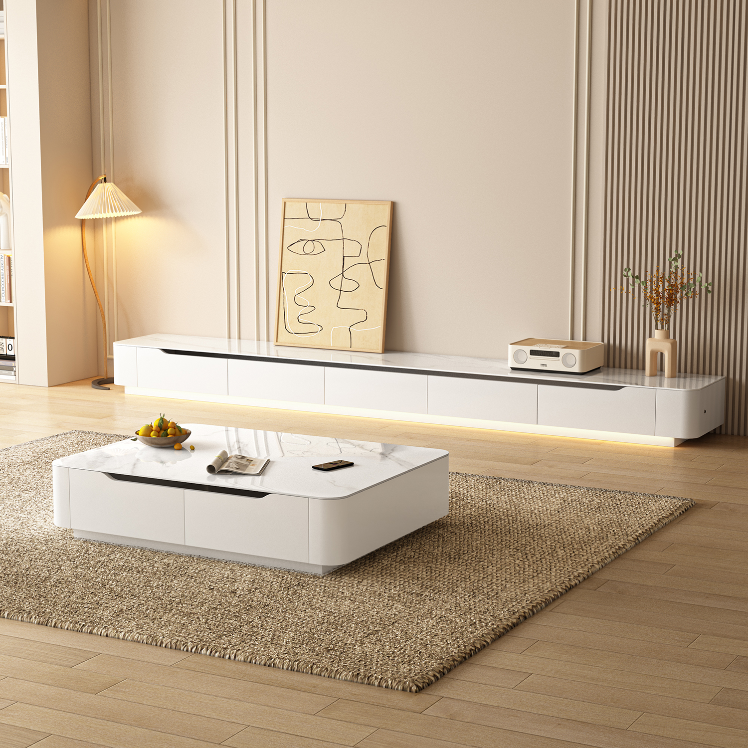 轻奢意式极简实木生态板岩板茶几电视柜组合套装客厅落地高光