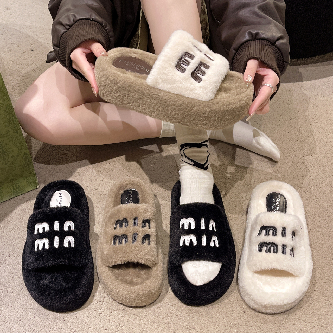 厚底毛拖鞋女款高档外穿时尚百搭防滑软底休闲一字拖女士外出棉拖