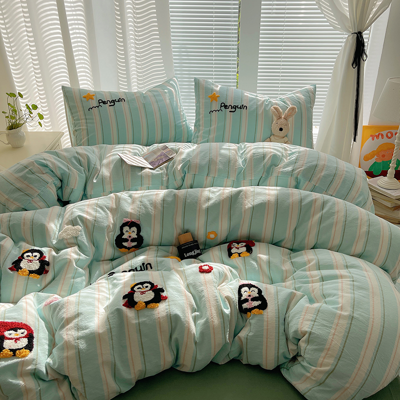 新款全棉四件套水洗棉纯棉被套毛巾刺绣工艺款小清新床品单人双人