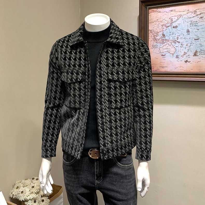 保暖秋冬新款时尚翻领外套男士2023青年韩版修身百搭千鸟格夹克外