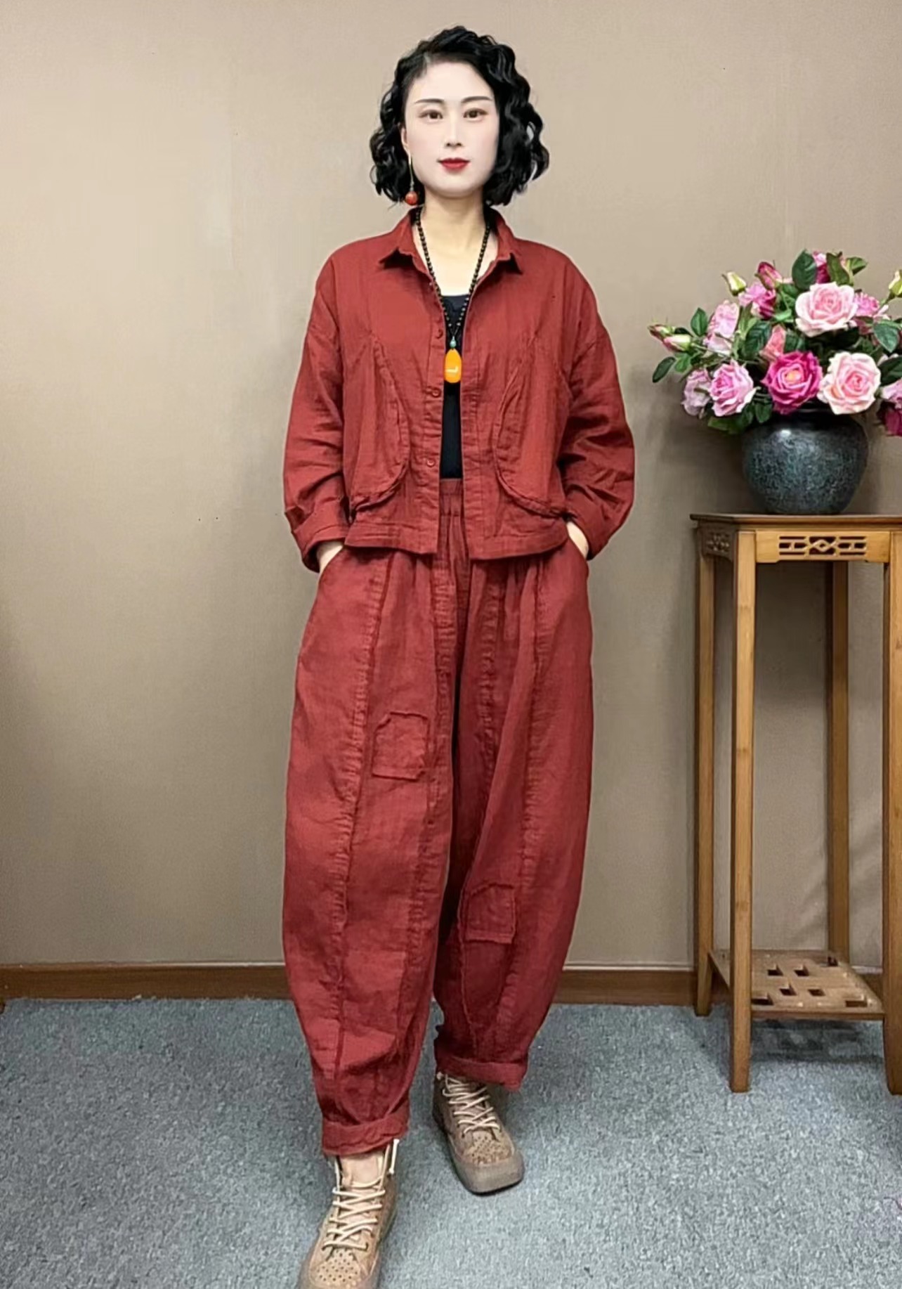 ZX018春季新款宽松大码短款纯色长袖外套套装大版哈伦裤两件套