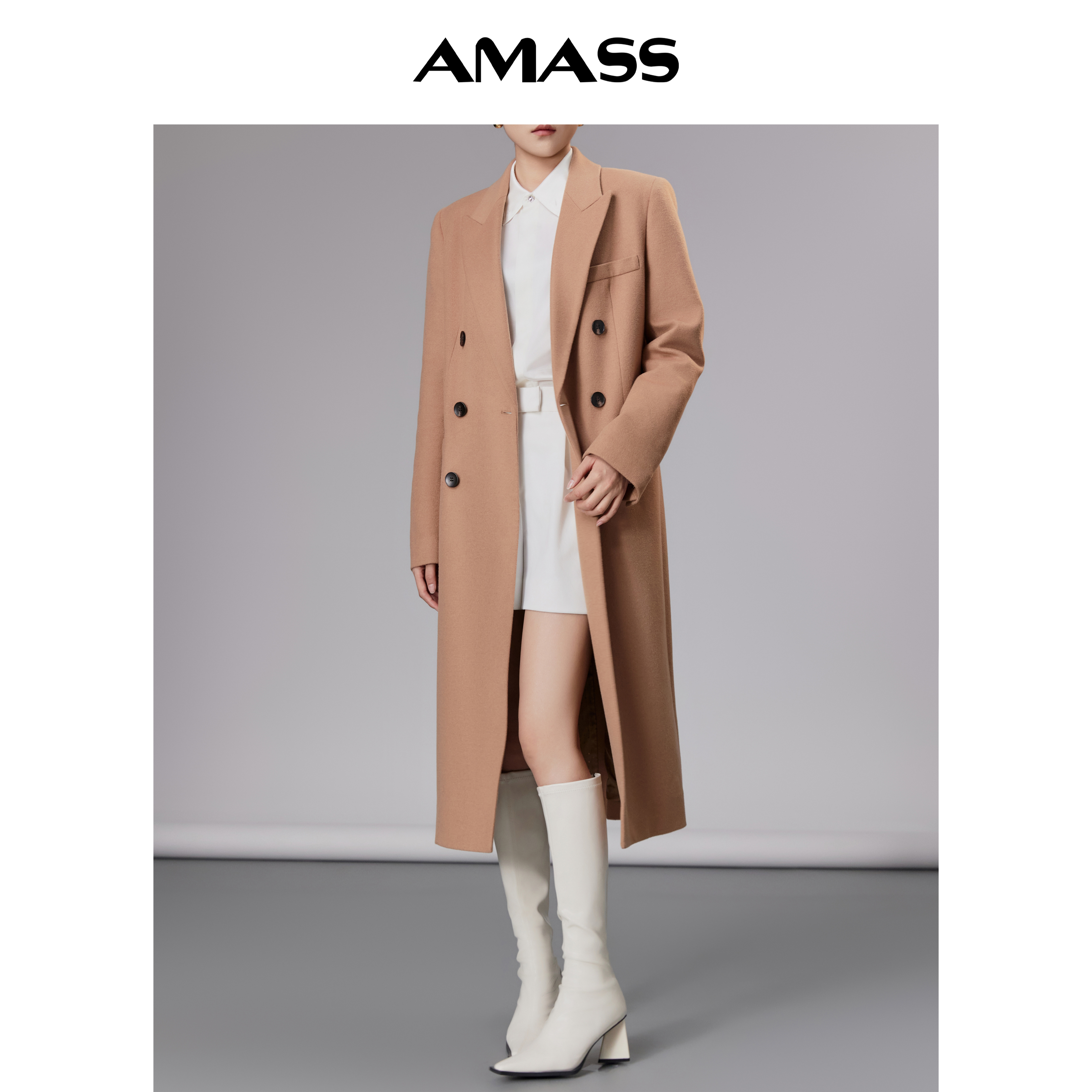 AMASS/阿玛施秋冬毛呢大衣垫肩长款时尚气质极简羊毛外套5400810