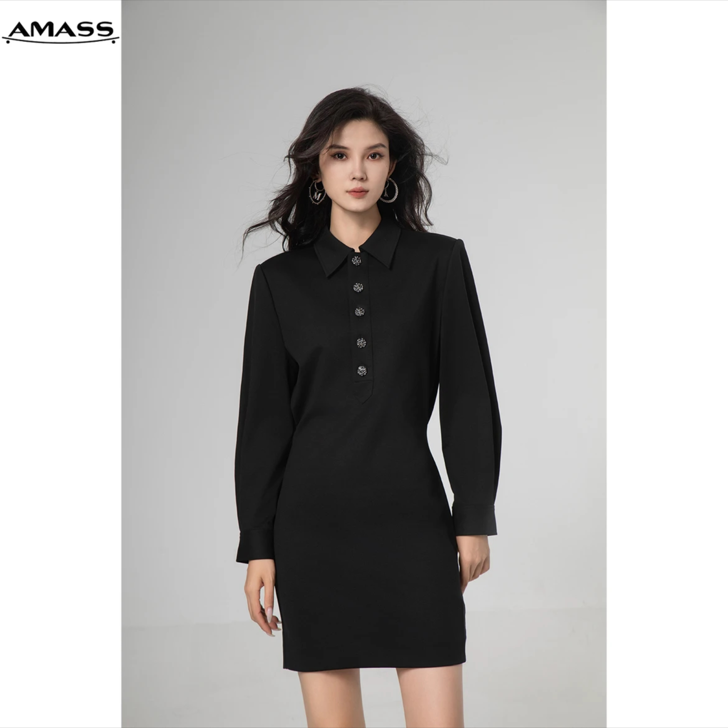 AMASS/阿玛施黑柜系列气质显瘦收腰洋装长袖纯色polo裙5500472