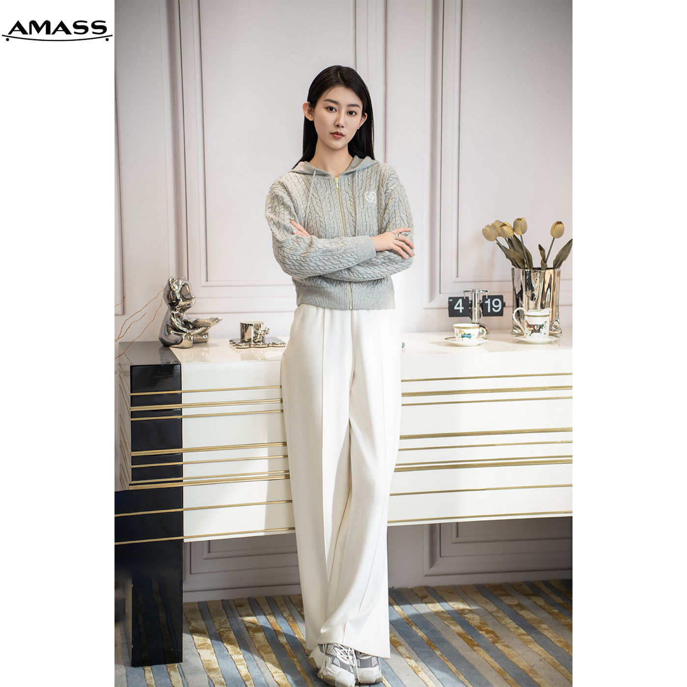 AMASS/阿玛施秋冬轻奢德绒裤松紧腰休闲休闲直筒裤女士5100360