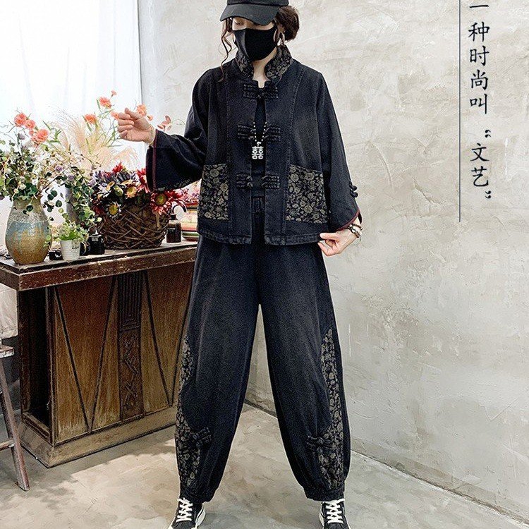 【6601】碎花荷叶袖立领盘扣套装