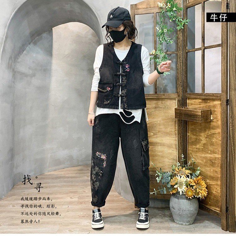 【6603】复古盘扣马甲套装