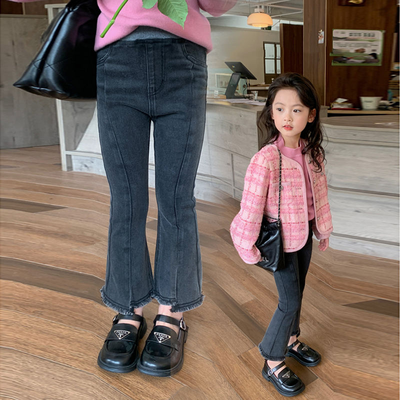 新款女童九分加绒加厚喇叭裤秋冬款网红洋气个性百搭显瘦牛仔裤
