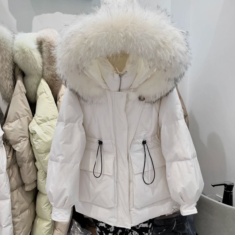 2023新款韩版工装大毛领羽绒服女短款加厚收腰显瘦白鸭绒冬季外套
