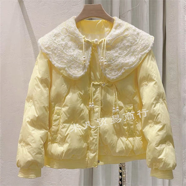 设计感小众甜美蕾丝娃娃领羽绒服女冬季新款小个子宽松白鸭绒外套