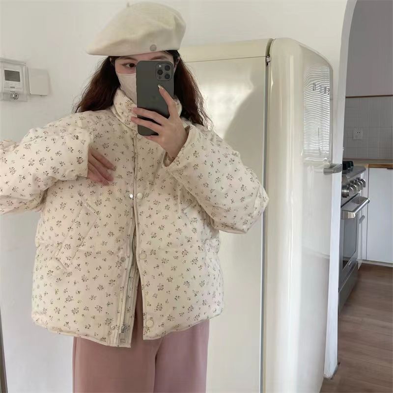 2023冬季新款韩系小碎花短款羽绒服立领加厚面包白鸭绒外套女