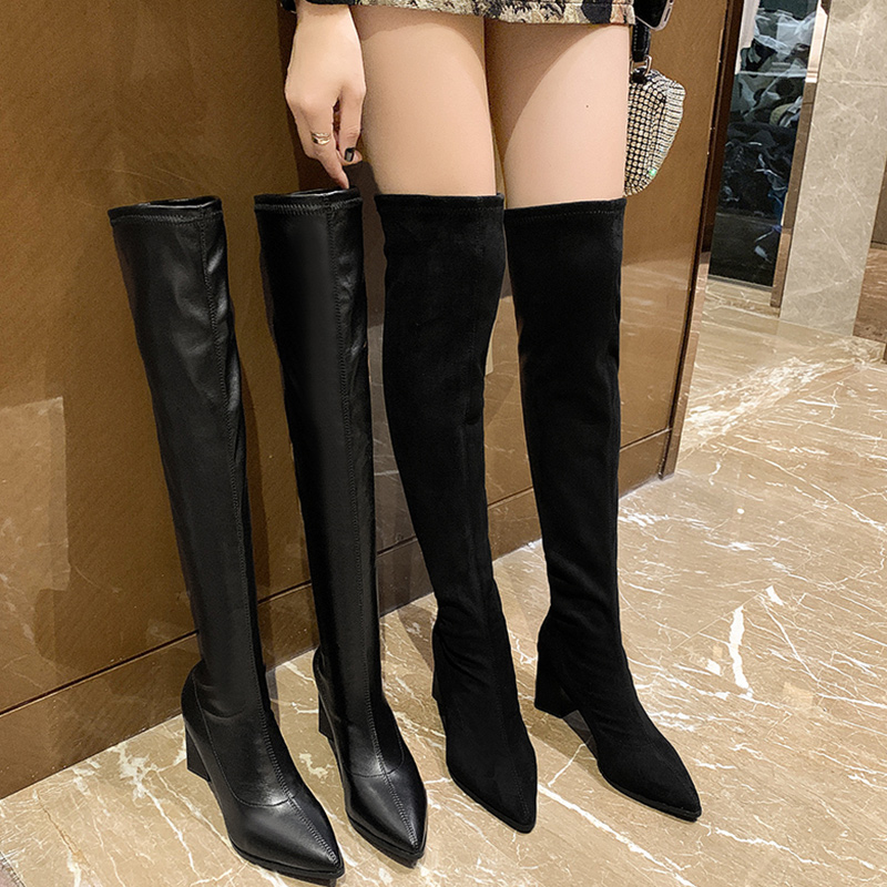 红蜻蜓牌超长过膝长靴女高跟粗跟2023秋冬新款尖头弹力瘦瘦高筒长