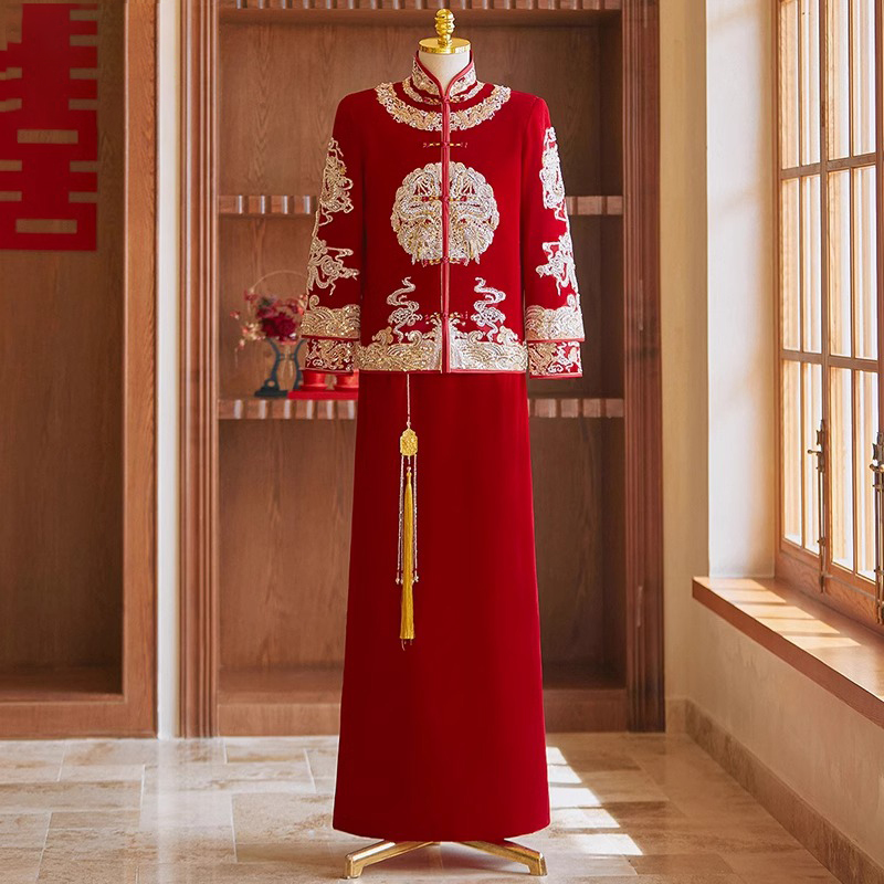 男士秀禾服2025新款中式新郎礼服丝绒结婚敬酒服龙凤褂男装秀和服